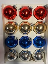 Vintage Box of 12 round glass ornaments assorted solid colors USA picture