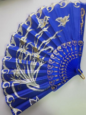 Gold & Blue Large Lace Floral Folding Hand Held Plastic Chinese Fan picture