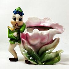 Pixie Flower Wall Pocket Vintage Hand Painted Whimsical Elf Planter 1950s Japan picture