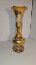 Bohemian Style Gilt Glass Trumpet Vase 14 in Tall Gold White Enamel Florals picture