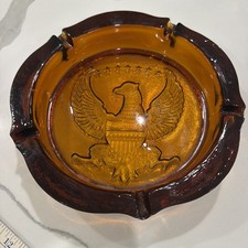 Vtg Heavy Indiana Glass Amber Ashtray Tiara Americana Eagle 10