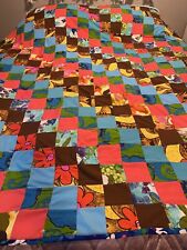 Vintage 70s Handmade Block Quilt Colorful Patchwork Squares Poly Cotton 64 X 73 picture