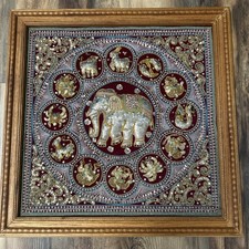 Vintage Burmese Thai Kalaga Tapestry Metallic Beaded Embroidery Elephant Framed picture