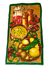 Vtg Retro MCM 70's Colors Cotton Kitchen Dish Towel Vegetables Soup S&P Shakers picture