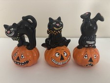 Trio of Ceramic Halloween Cat On Pumpkin Figurines Vintage Inspired Spooky picture