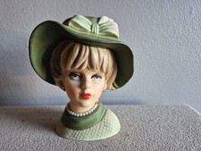 Vintage MCM Napco Lady Head Vase Green Hat Earrings Necklace C7494 picture