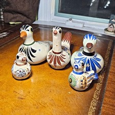 Vintage Mexican Tonala FolkArt Ceramic Bird Figurines Lot 5-Piece Set Signed CAT picture