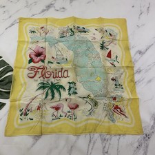 Vintage 50s Florida Souvenir Scarf Yellow Blue Map Print Square Flamingo Marlin picture