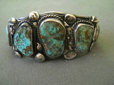 Old Native American Navajo Turquoise Row Sterling Silver Cuff Bracelet 67g picture