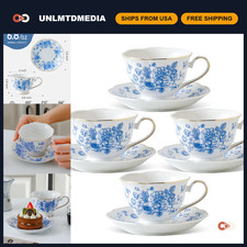 Vintage Blue Floral Ceramic Tea Cup & Saucer Set of 4 - Elegant Blue & White Des picture