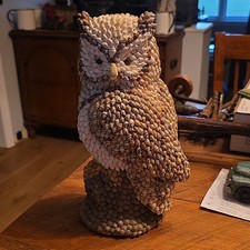 Vintage Folk Art Owl Figurine In Layered Sea Shells, From Philippines & 11