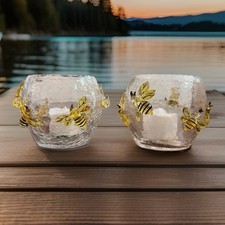 Two Retro Tea lights Clear Crackle Art Glass W Handblown Glass Honeybees picture