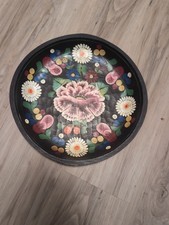 Mexican Folk Art Batea Bowl Hand Painted Carved Wooden Vintage 13