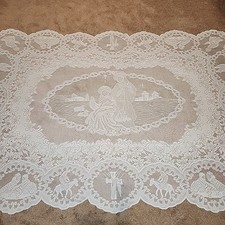 Vintage 7ft Nativity Scene Crochet Lace Tablecloth Holy Family Christmas 60x84in picture