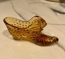 Vintage Fenton Hobnail Amber Glass Shoe with Cat Head Art Glass Slipper  picture