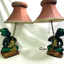VTG MCM Blackamoor Genie Chalkware Lamps Pair w/ Shades Hollywood Regency picture