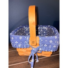 Longaberger Woven Wood Basket Blue Floral Liner Plastic Protector Swing Handle picture