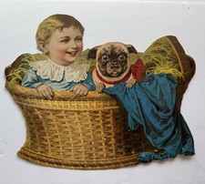 Antique Jumbo Pug Dog Die Cut Baby Great A&P Tea Stores NY Trade Card VTC Basket picture