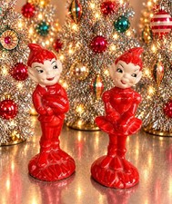 Vintage 1950s Gilner Pottery Pixie Salt Pepper Shakers Red California Elves picture
