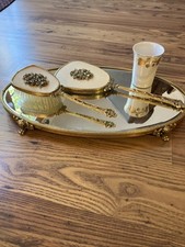 Vintage 24K Gold Plated Vanity Set w/ Mirror, Brush, Vanity Glass & Tray picture