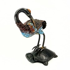 Antique Rare Japanese Crane & Tortoise Onyx Sterling Silver Cloisonne Figurines picture