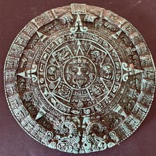 Vintage Mexican FOLK ART Aztec Mayan Calendar 9” Diameter. Map On Back. Green. picture