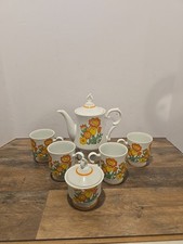 Vintage 70s Retro Daisy Tea Set Teapot Sugar Bowl & 4 Cups Orange Yellow Floral picture