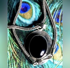 Large Sterling Silver Vintage Onyx Pendant  ATI MEXICO Thick Heavy Silver Chain picture