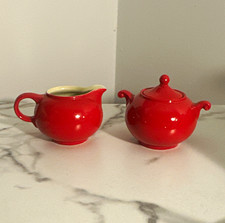 Hall's Vintage Ceramic Red/Ivory 3pc Creamer & Lidded Sugar Set USA 1930-50 picture