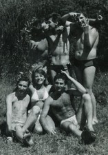 Shirtless affectionate kiss kissing men couple hug love have fun gay vtg photo picture
