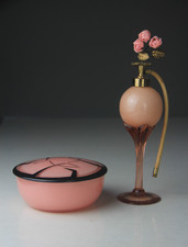VTG DeVilbiss Pink Atomizer Perfume Bottle & Art Deco Style Lidded Powder Box picture