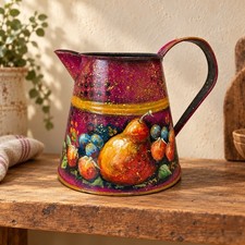 Hand Painted Metal Pitcher Burgundy Pear Strawberry Fruit Folk Art Signed Crys picture