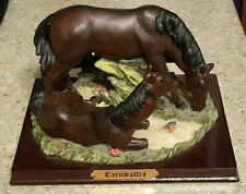 CORNWALLIS LABEL BASE TWO BLACK & BROWN HORSES IN PASTURE FIGURINE ON WOOD BASE picture