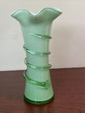 UNIQUE Green Glass Vase Swirl green glass accent wrap around. ruffled opening picture