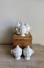 5 Antique French Old Paris Porcelain Pot de Crème Cups Lids 19th C Scroll Handle picture