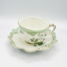 RARE Antique MZ Austria Late 1800s Teacup & Saucer Green Floral Ruffle Gold Wide picture