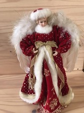 Christmas Angel Figurine Red Dress Feather Wings Holiday Decor 12.5” picture