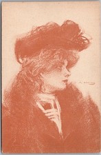 c1900s PRETTY LADY Greetings Postcard Woman in Fur Coat & Hat / Artist-Signed picture