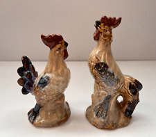2 Hand-Crafted Glazed Ceramic Rooster Figurines, Farmhouse Kitchen Decor, Gift picture
