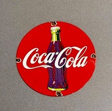 VINTAGE 12” COKE COLA SODA BOTTLE PORCELAIN SIGN CAR GAS OIL TRUCK MOTORCYCLE picture