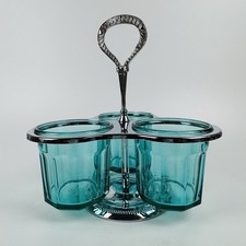 Vintage Irvinware 3 Jar Condiment Caddy Aqua Glass Made in France picture