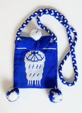 Huichol Wixárika Mexican Woven Blue Morral Shoulder Bag Pom Pom Folk Art picture