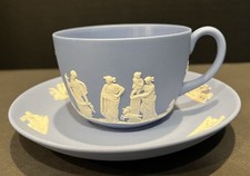 Vintage Wedgwood Blue Jasperware Teacup Saucer Set Neo Classical Scenes 1956 picture