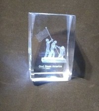 Lucite clear Glass Paperweight RAISING THE FLAG~God Bless America picture