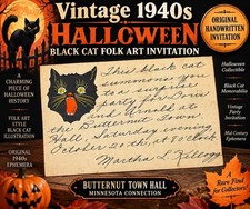 VTG 1940s Halloween Invitation Black Cat Folk Art Surprise Party Butternut Hall picture