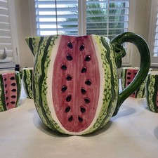 Vintage 1996 Cracker Barrel Watermelon 10-Pc Set Pitcher Mugs Creamer Sugar picture