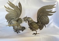 Vtg Pair of Tall~Heavy (5lbs) solid cast brass Fighting Rooster Figurines~Italy picture