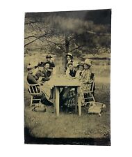 Victorian Picnic Antique Tintype Photo Men Women Outside Basket Lake Hats 2x3