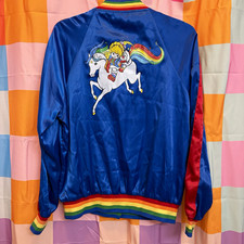 Rare Rainbow Brite x Unique Vintage Blue Satin Bomber Track Jacket Women's M picture