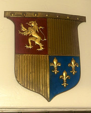 Metal Coat of Arms Heraldic Shield Wall Plaque Fleur de Lis Gold Red Blue picture